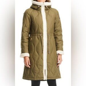 NWT KATE SPADE FAUX SHEARLING TRIM DOWN AND FEATHER FILL LONG COAT OLIVE SIZE XL
